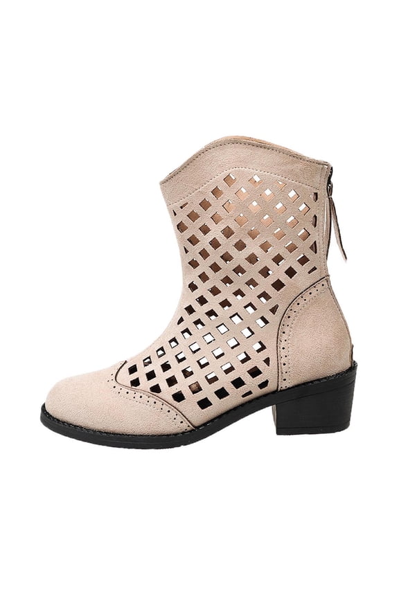 Grid Perforated Square Heel Ankle Boots Women Back Zipper Suede Upper Summer Booties Beige 43