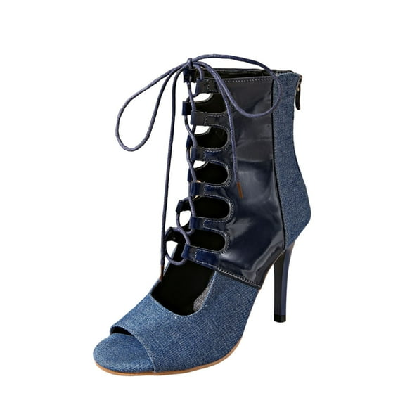 hopeusnice High-Heels Mid Calf Boots for Women Tapered High heel Breathable Soft Trendy Open Toe Non-slip 75%Rayon 25%Polyester Summer Shoes Women's High-Heels Mid Calf Boots Dress Shoes Blue 36