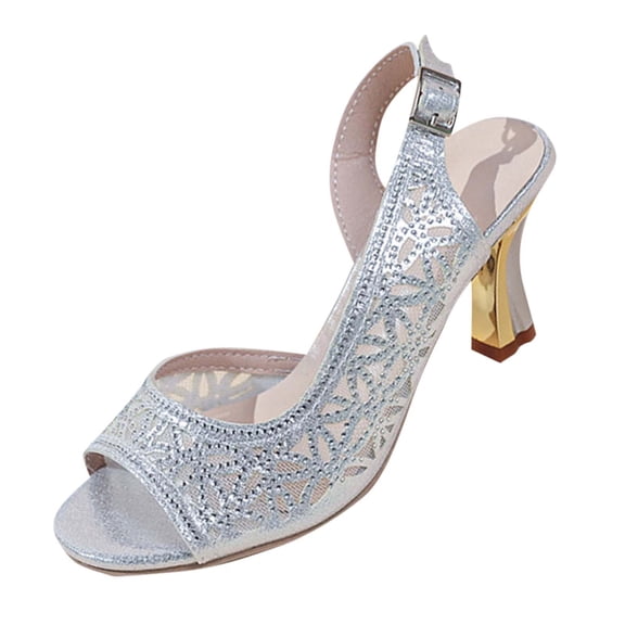 hopeusnice High Heels Shoes for Women Peep-toe Sandals Breathable Non-slip Trendy PU Materials Summer and Fall Shoes Square High heel Soft Women's High Heels Shoes Dress Shoes Silver 39