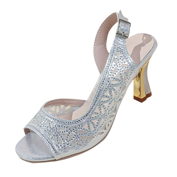 hopeusnice High Heels Shoes for Women Peep-toe Sandals Breathable Non-slip Trendy PU Materials Summer and Fall Shoes Square High heel Soft Women's High Heels Shoes Dress Shoes Silver 36