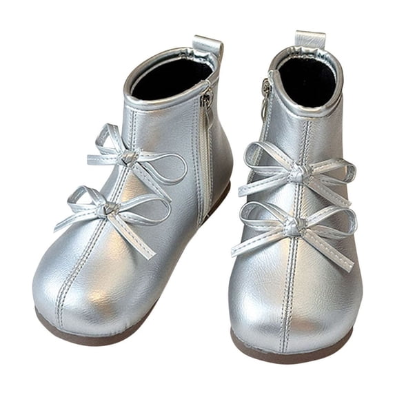 hopeusnice Kids Ankle Boots Low Top Style Lace Up Closure Shiny Finish Comfort Sole Suitable For Daily Play Casual Occasions Silver 27