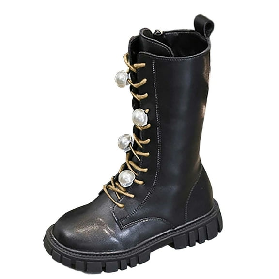 hopeusnice Kids High Top Boots Lace Up Closure Chunky Sole Trendy Look Breathable Insole For Outdoor Adventures Daily Outings Black 34