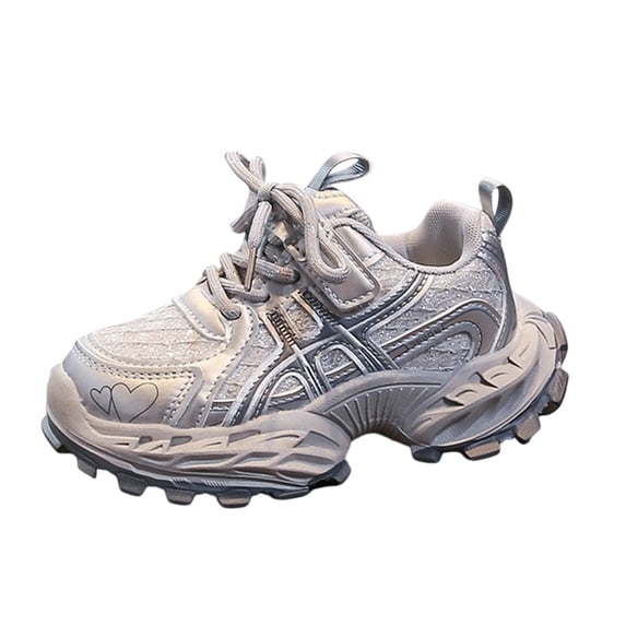 hopeusnice Kids Lace Up Chunky Sneakers Sole Round Toe Fashionable Daily Casual Party Footwear Gray 27