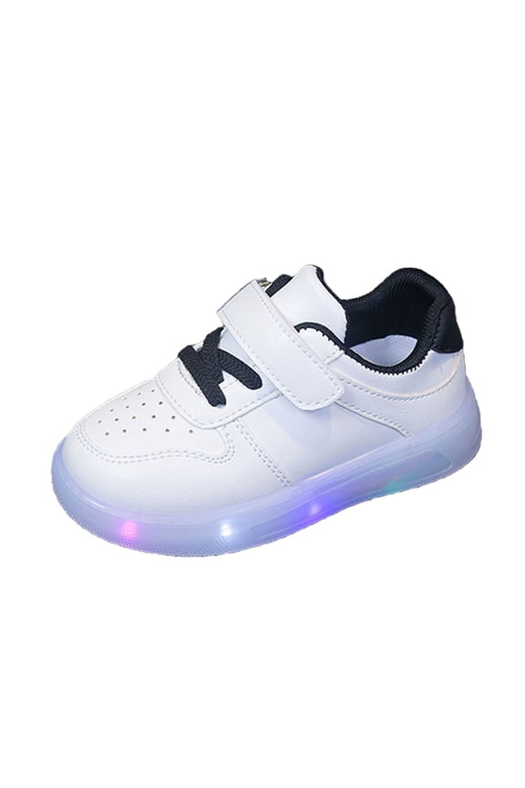 Kids Light Up Sneakers On Round Toe Non Breathable Outdoor Sports Casual Footwear Black 1-2Years