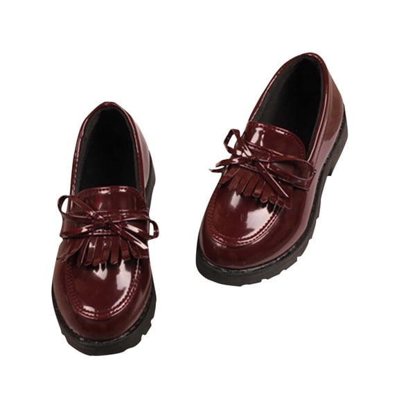 hopeusnice Kids Low Heel Mary Shoes Bow Detail Hook Loop Closed Toe Elegant Party School Formal Dress Footwear Red 5 Years