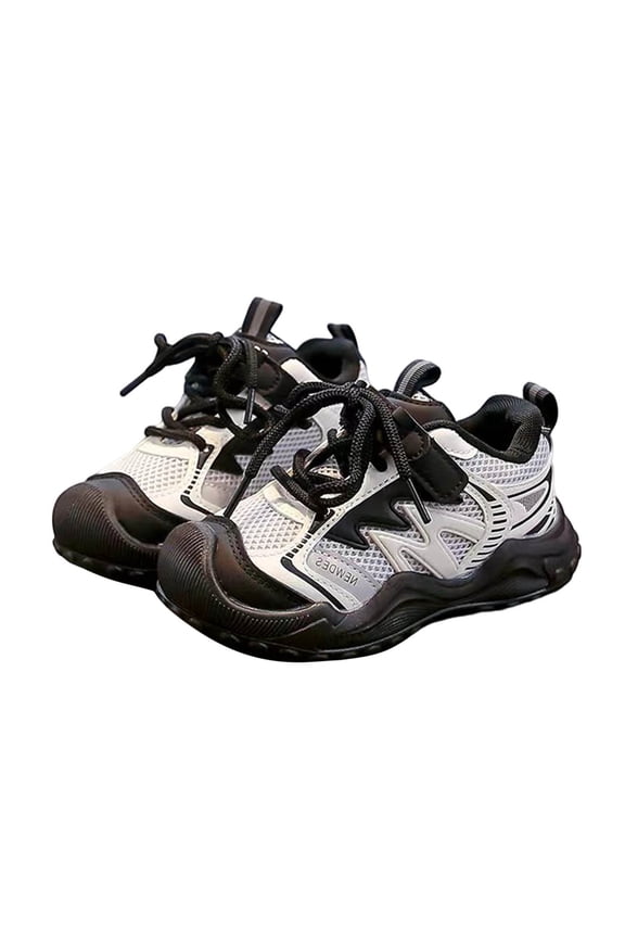 Kids Vintage Patchwork Chunky Sneakers Lace Up Round Toe Stylish Durable Daily Casual Sports Footwear Black 22