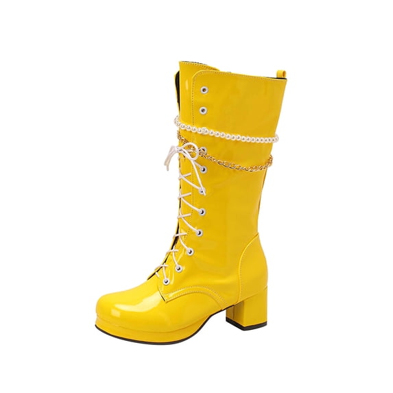 hopeusnice Knee High Boots for Women Mid Calf Boots Chunky Block Heels Buckle Lace Up Boots Stylish Fall Winter Shoes Yellow 42