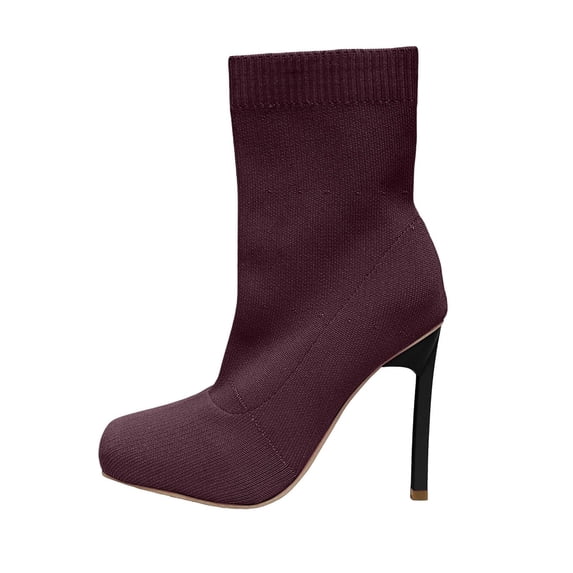 hopeusnice Knit Ankle Boots Women Square Toe Stretch Sock Style Party Booties Wine 37