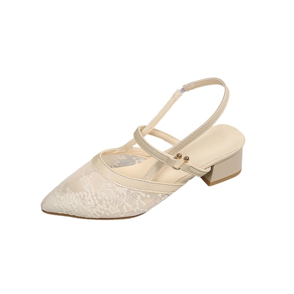 hopeusnice Lace Pointed Toe Slingback Block Heel Sandal Women Dressy Wedding Evening Shoes Beige 36