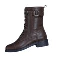 thumbnail image 1 of hopeusnice Lace Up Buckle Decor Side Zipper Boot Block Heel Street Style Boot Brown 35, 1 of 6