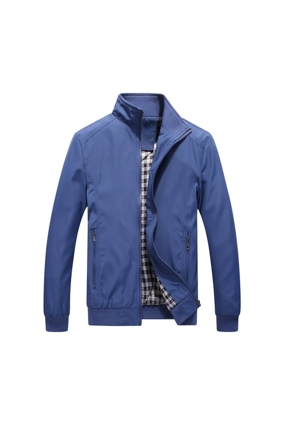 Men's Bomber Jacket Stand Collar Long Sleeve Rib Knit Cuffs Black Windproof Coats with Zipper Pockets Blue XXL