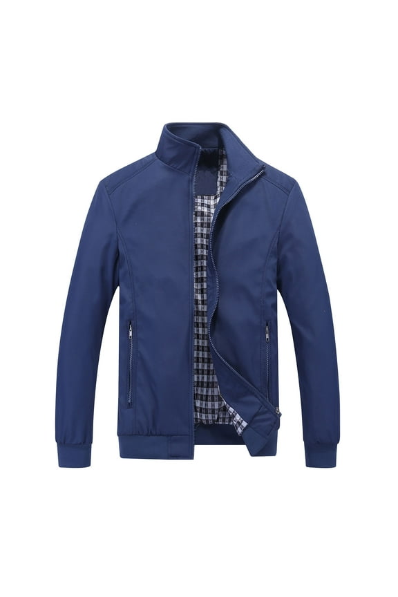 Men's Bomber Jacket Stand Collar Long Sleeve Rib Knit Cuffs Black Windproof Coats with Zipper Pockets Dark Blue S