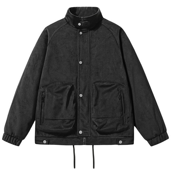 hopeusnice Men's Bomber Jacket Stand Collar Long Sleeve Snap Button Patchwork Pockets Solid Loose Fit Winter Coats Streetwear Warm Outwear Black L