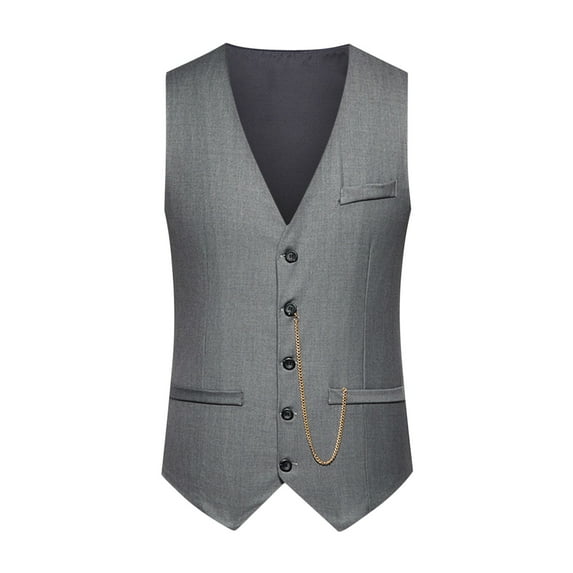 hopeusnice Men's Classic V-Neck Waistcoat Chain Trim Business Vest Gray S