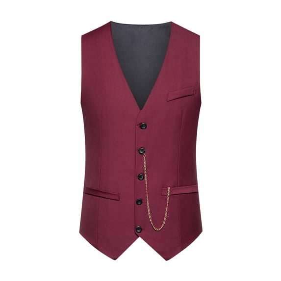 hopeusnice Men's Classic V-Neck Waistcoat Chain Trim Business Vest Wine XXL
