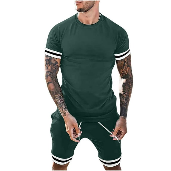 hopeusnice Men's Comfyfit Workout Activewear 2Pcs Solid Color Lounge Sets Pants Elastic Waist Shorts Pockets Casual Beach Loose Loungewear Fall Lightweight Green L