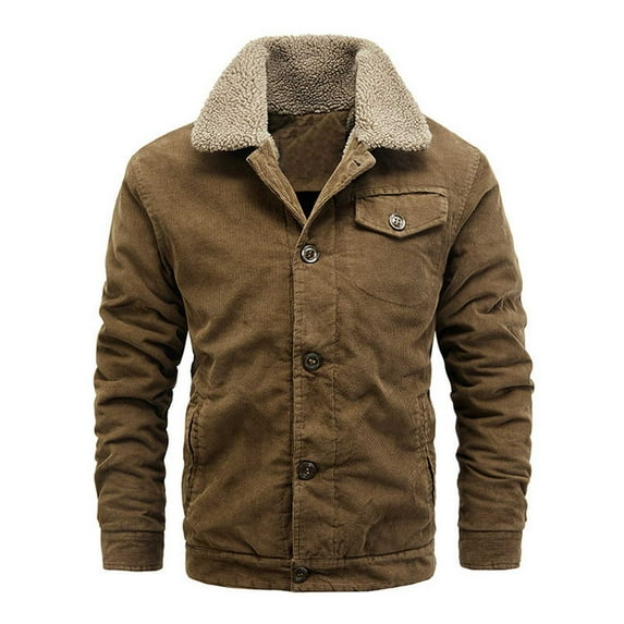 hopeusnice Men's Corduroy Trucker Jacket Winter Warm Fleece Collar Button up Coats Coffee M
