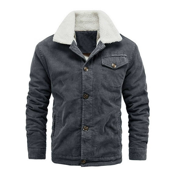 hopeusnice Men's Corduroy Trucker Jacket Winter Warm Fleece Collar Button up Coats Gray M