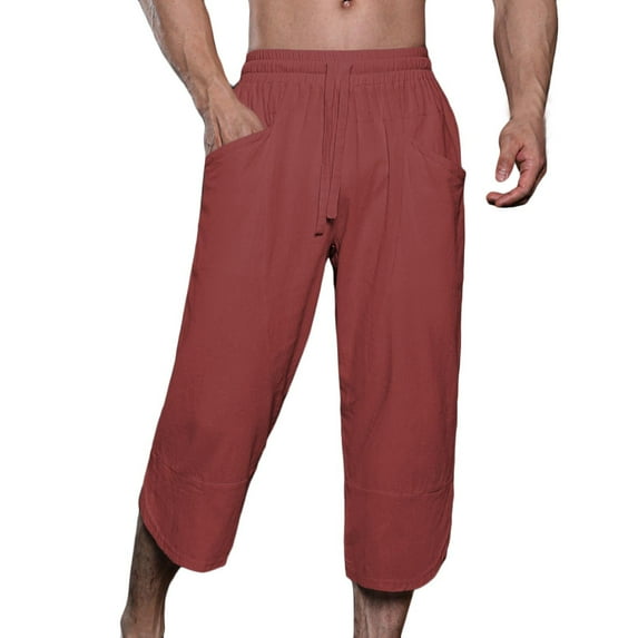 hopeusnice Men's Cotton Linen Capri Casual Beach Solid Color Shorts Quick Dry Pants Pockets Summer Workout Activewear Elastic Waist Drawstring Lounge Shorts Teen Boy Wine XL