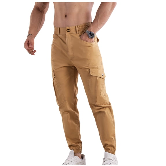 hopeusnice Men's Cotton Linen Capri Casual Fall Solid Color sweatpants fall Fashion Workout Activewear Pants Elastic Waist Drawstring Lounge Trousers Pants Pockets Khaki XS