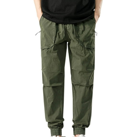 hopeusnice Men's Cotton Linen Joggers Casual Fall Solid Color sweatpants fall Elastic Waist Drawstring Cargo Pants Fashion Workout Activewear Layer Pants Pockets Army Green XXXL