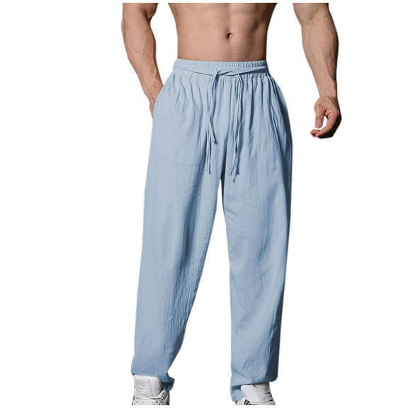 hopeusnice Men's Cotton Linen Wide Leg Pants Casual Fall Solid Color sweatpants fall Pants Pockets Elastic Waist Drawstring Lounge Trousers Pants Fashion Workout Gym Sky Blue S