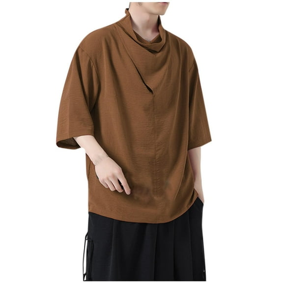 hopeusnice Men's Cowl Neck T-Shirt Baggy Loose Fit Short Sleeve Solid Color Tunic Tops Blouse Coffee XXL