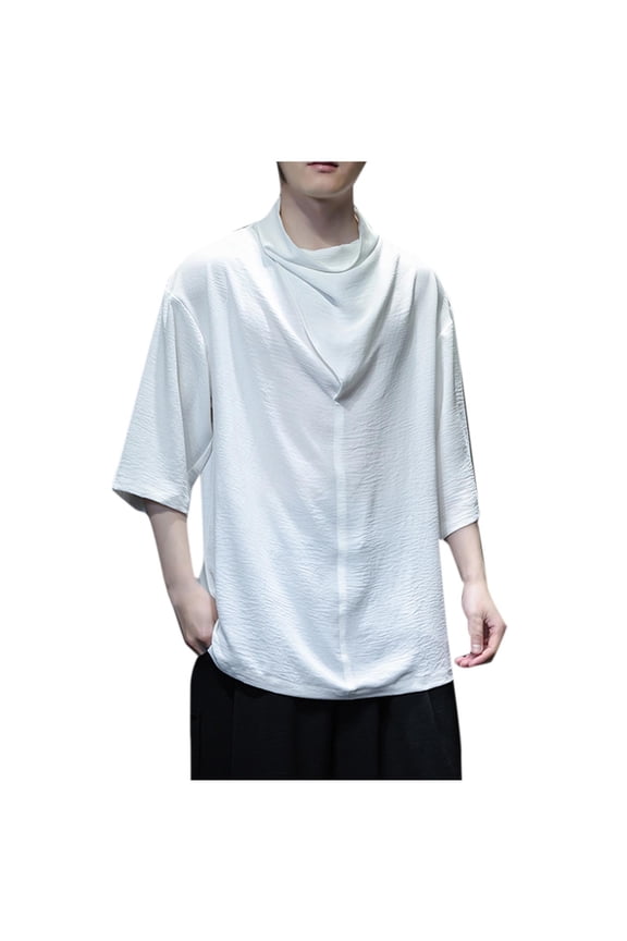 Men's Cowl Neck T-Shirt Baggy Loose Fit Short Sleeve Solid Color Tunic Tops Blouse White M