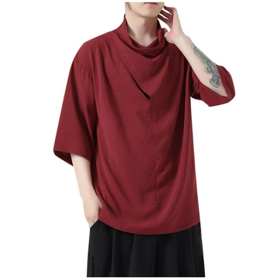 hopeusnice Men's Cowl Neck T-Shirt Baggy Loose Fit Short Sleeve Solid Color Tunic Tops Blouse Wine L