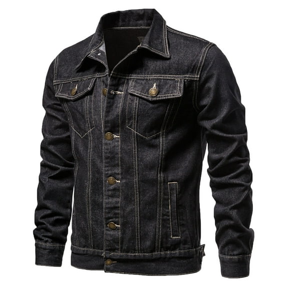 hopeusnice Men's Denim Jacket Vintage Washed Slim Fit Jean Coats Black Outwear with Button Closure Black L
