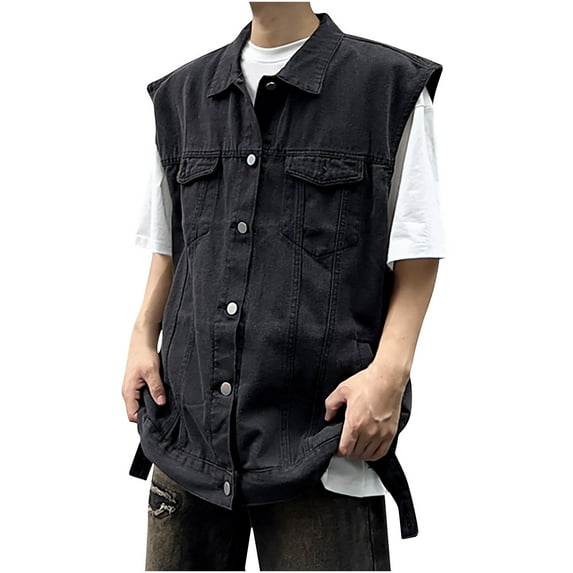 hopeusnice Men's Denim Vest Sleeveless Trucker Jean Jacket Washed Distressed Slim Fit Waistcoat with Multi-Pockets Black L