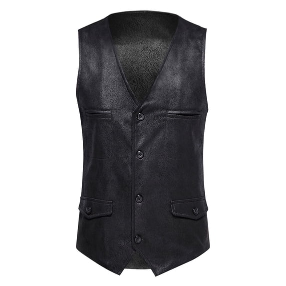 hopeusnice Men's Faux Leather Vests Black Business Vests Waistcoat Slim Fit Lapel Single Breasted Pockets for Wedding Party Prom Black XL