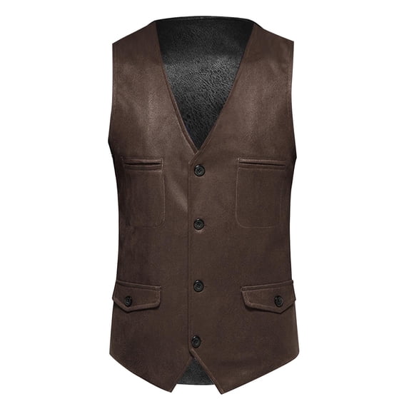 hopeusnice Men's Faux Leather Vests Black Business Vests Waistcoat Slim Fit Lapel Single Breasted Pockets for Wedding Party Prom Coffee L