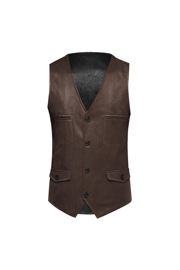 Men's Faux Leather Vests Black Business Vests Waistcoat Slim Fit Lapel Single Breasted Pockets for Wedding Party Prom Coffee M