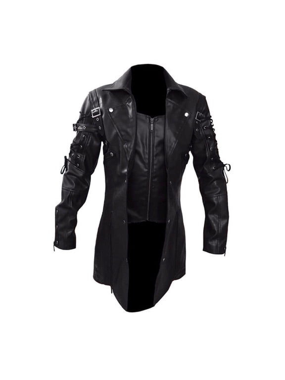 Men's Gothic Steam Long Leather Trench Coat Jacket Black Tailcoat Outwear Black M