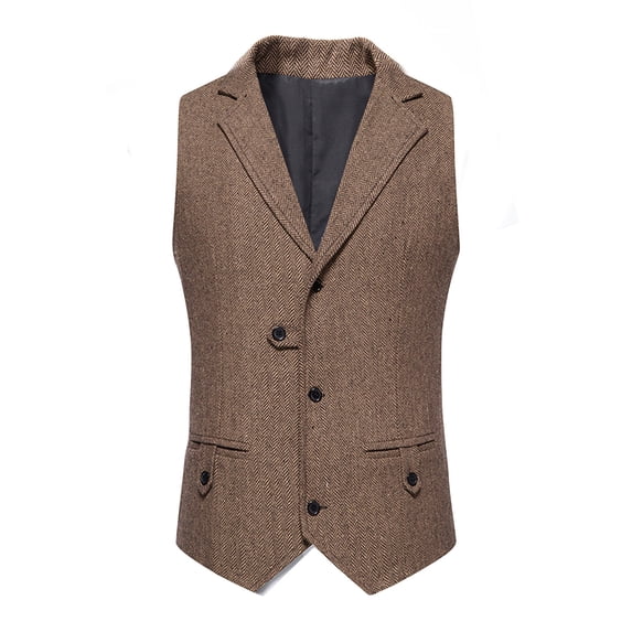 hopeusnice Men's Herringbone Tweed Vests Business Waistcoat Slim Fit Suit Vests with Pockets Khaki S