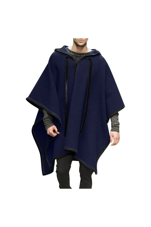 Men's Hood Medieval Cloak Gothic Long Hood Cape Coat Outwear Vintage Wool Cape Navy XXXL