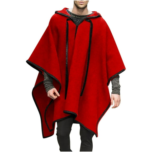 hopeusnice Men's Hood Medieval Cloak Gothic Long Hood Cape Coat Outwear Vintage Wool Cape Red XL