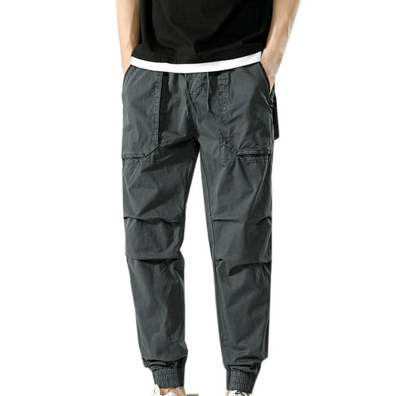 hopeusnice Men's Layer Pants Pockets Cotton Linen Joggers Casual Fall Pants Fashion Solid Color sweatpants fall Workout Activewear Elastic Waist Drawstring Cargo Gray XL
