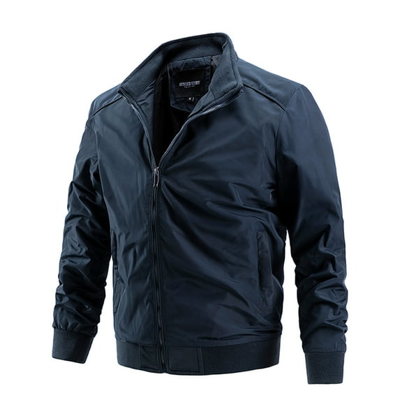 hopeusnice Men's Lightweight Stand Collar Long Sleeve Full Zip Plain Windproof Bomber Jacket with Pockets Dark Blue XXXL