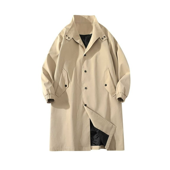 hopeusnice Men's Long Jacket Solid Color Long Sleeve Turn-Down Collar Button Up Windbreaker with Hood Winter Warm Outwear Overcoat Khaki XL