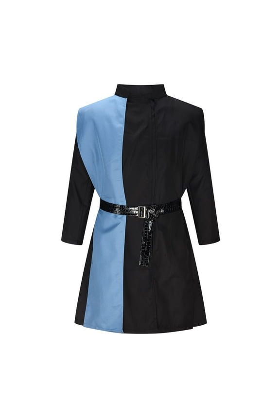 Men's Long Sleeve Color Block Blazer Dress Notched Lapel Single Breasted Leather Belt Mini Dress Office Workwear Tunic Dress Blue M