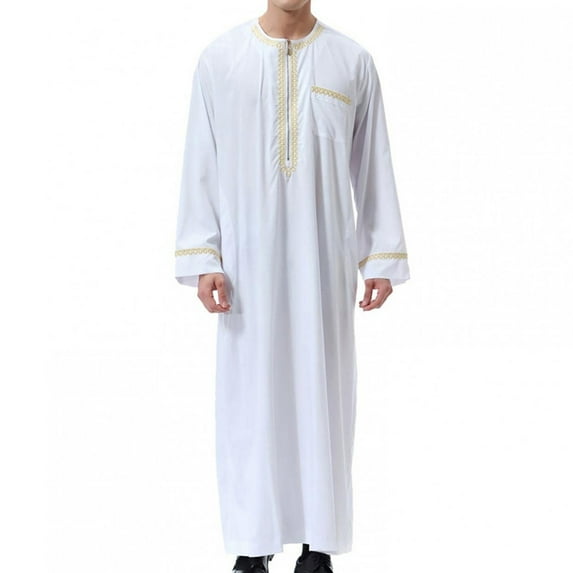 hopeusnice Men's Long Sleeve Embroidered Thawb Dishdasha Jubba Thobe Muslim Kaftan Clothing White XL