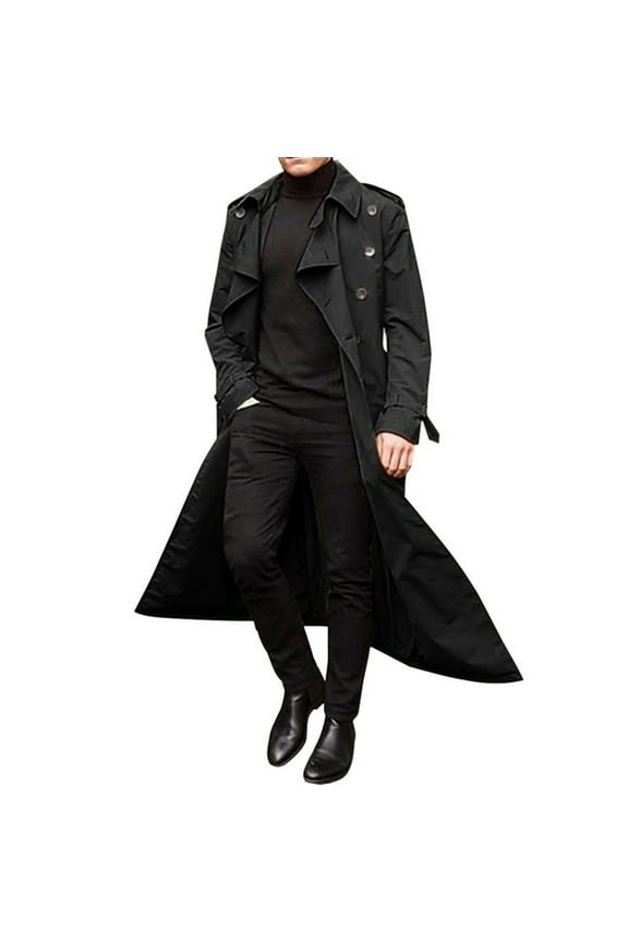Men's Long Trench Coat Turn-Down Collar Single-Breasted Slim Fit Overcoat Winter Warm Outwear Windbreaker Black L