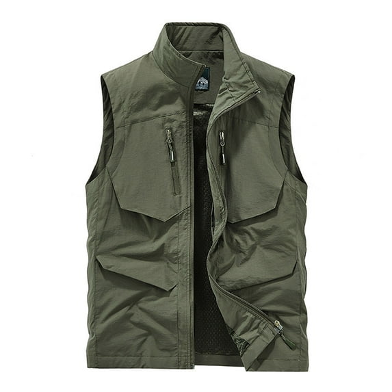 hopeusnice Men's Multi-Pocket Denim Vest Summer Outdoor Travel Waistcoat Photographer Vest Streetwear Sleeveless Trucker Jeans Waistcoat Army Green XL