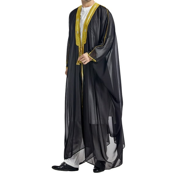 hopeusnice Men's Muslim Jubba Thobe Long Sleeve White Embroired Robe Islam Kaftan Dubai Arabic Saudi Arabian Dishdasha Black XL