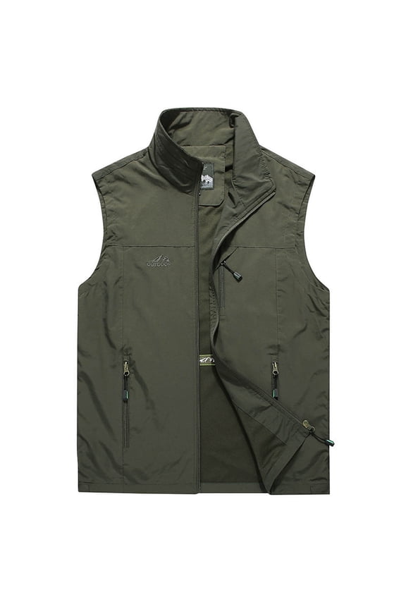 Men's Outdoor Lightweight Stand Collar Multi-Pocket Quick Dry Breathable Mesh Vest Travel Waistcoat Fishing Hiking Vest Army Green L