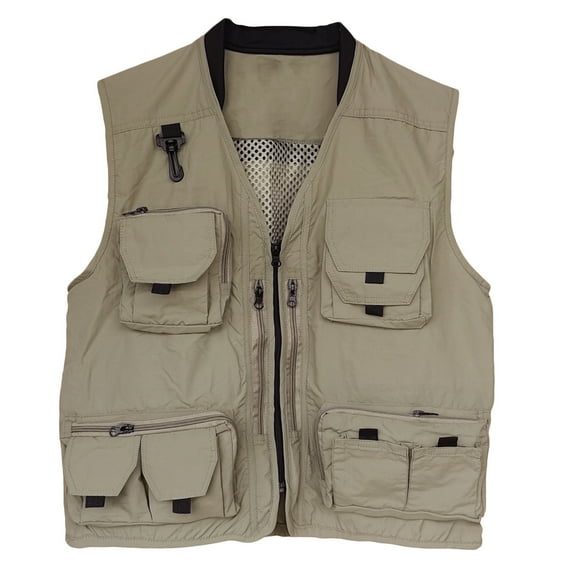 hopeusnice Men's Outdoor Travel Photographer Vest Multi-Pockets Quick Dry Breathable Mesh Fishing Hiking Waistcoat Vest Coat Khaki L