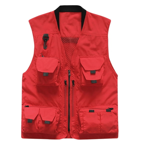 hopeusnice Men's Outdoor Travel Photographer Vest Multi-Pockets Quick Dry Breathable Mesh Fishing Hiking Waistcoat Vest Coat Red XL