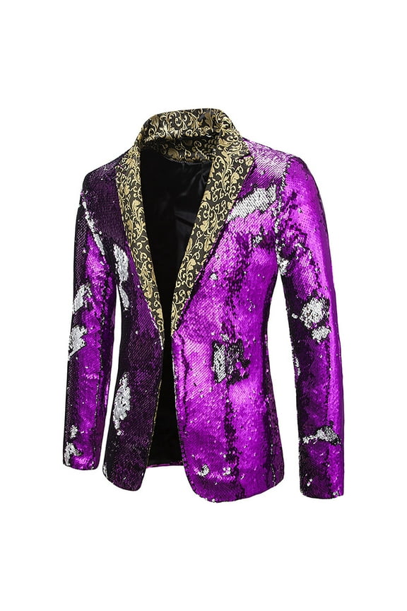 Men's Paisley Print Button Up Slim Fit Blazer Suit Jacket Wedding Party Tuxedo Purple L
